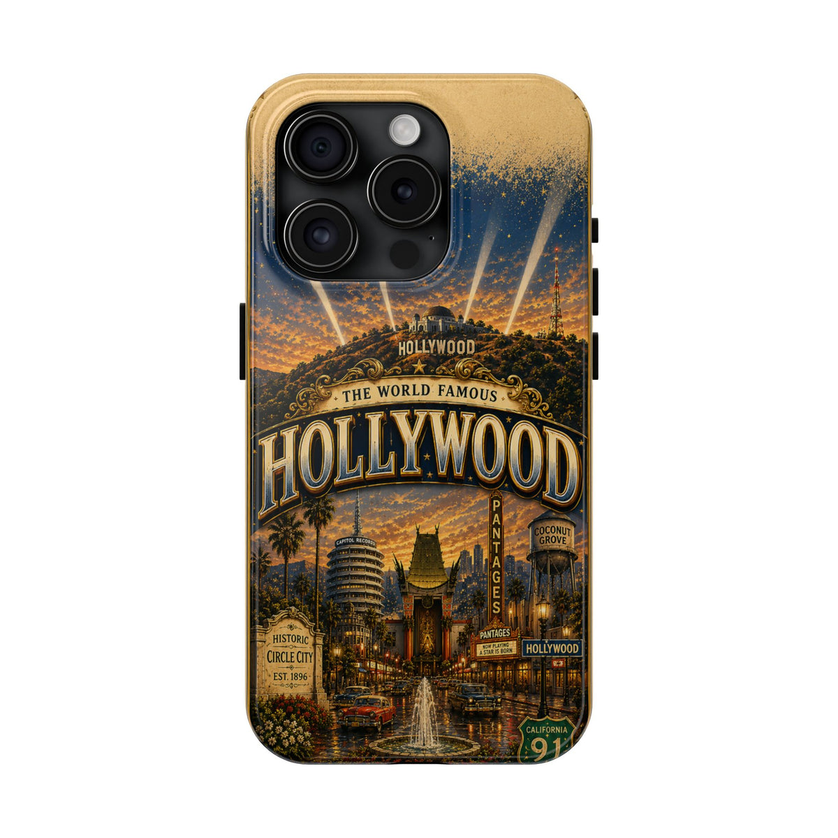 Hollywood Faux Patchwork Phone Case – Vintage Night Lights Retro Cinema Street Scene Old Hollywood Glam Cover