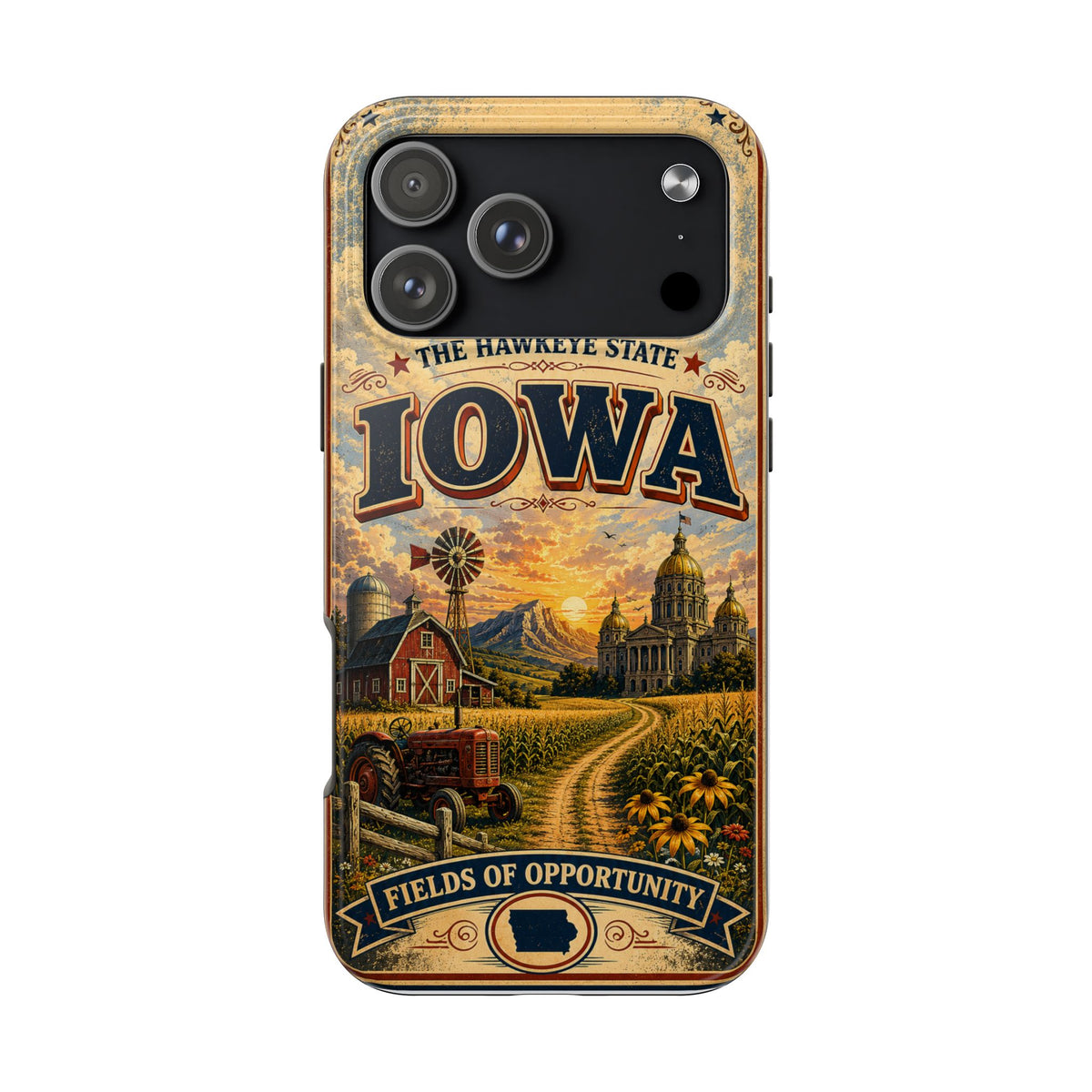 Iowa Hawkeye State Faux Patchwork Phone Case – Vintage Travel Poster Style Iowa Souvenir Cover for iPhone & Samsung