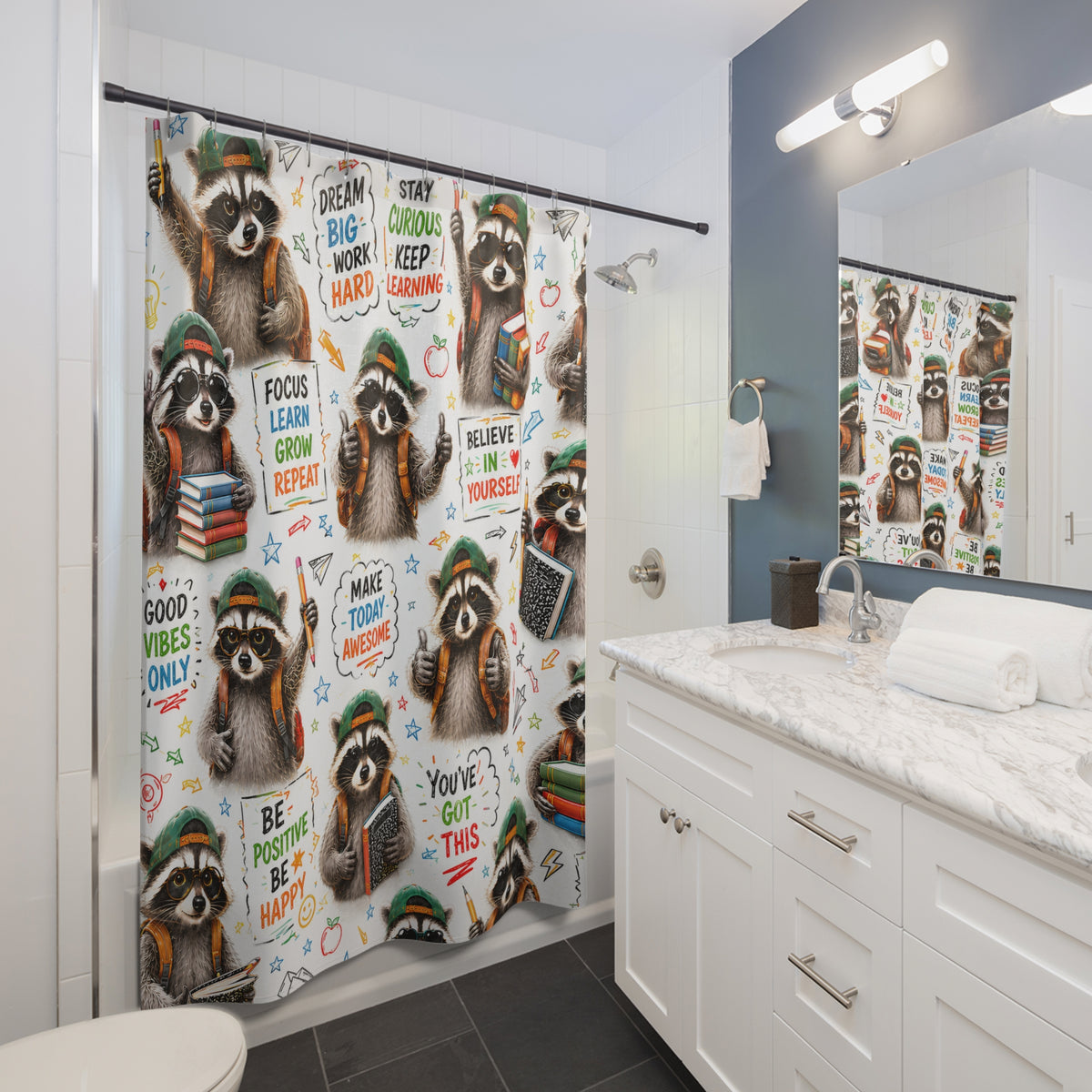 Back to School Raccoon Shower Curtain Dream Big Stay Curious Cute Student Motivational Classroom Bathroom Decor Kids Gift