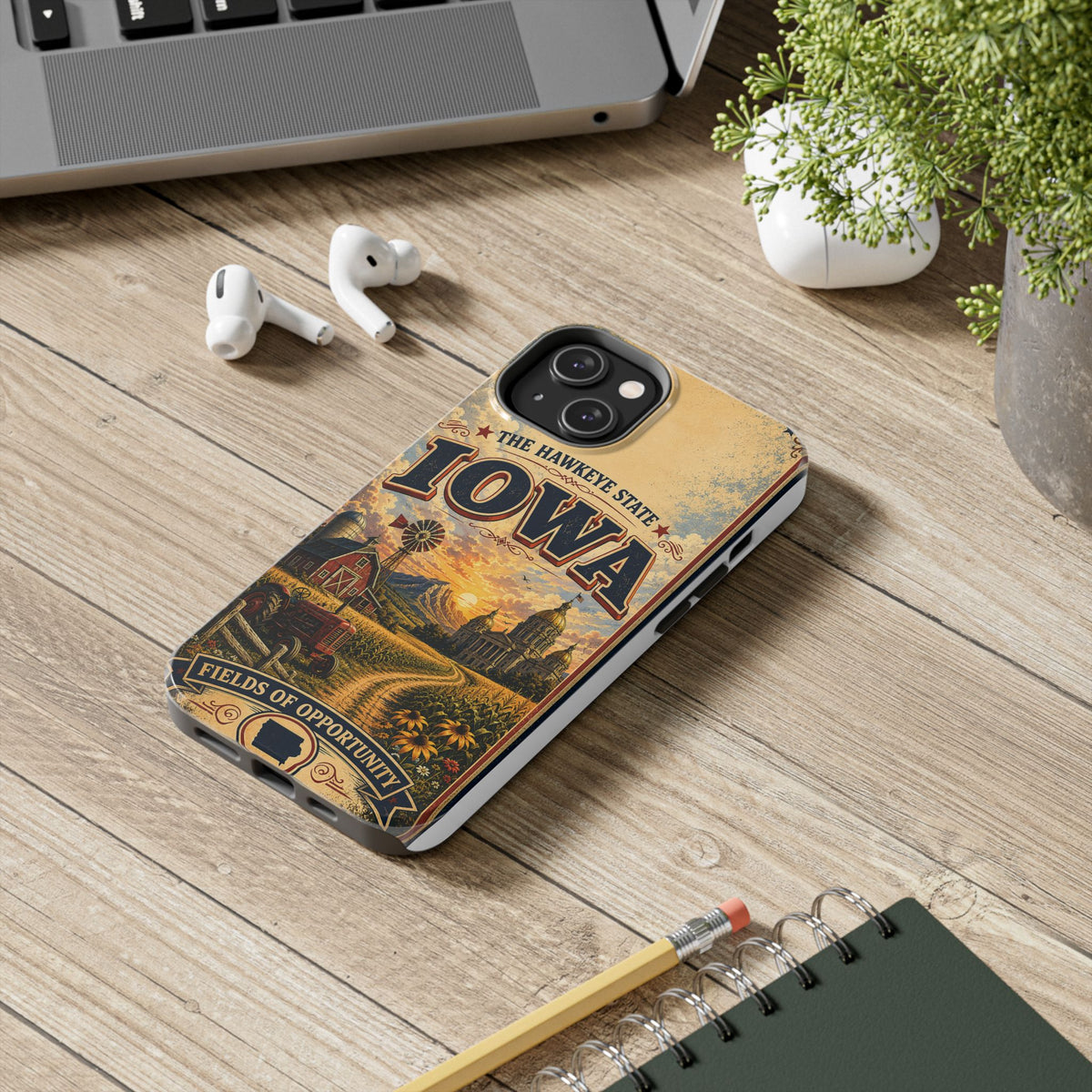 Iowa Hawkeye State Faux Patchwork Phone Case – Vintage Travel Poster Style Iowa Souvenir Cover for iPhone & Samsung