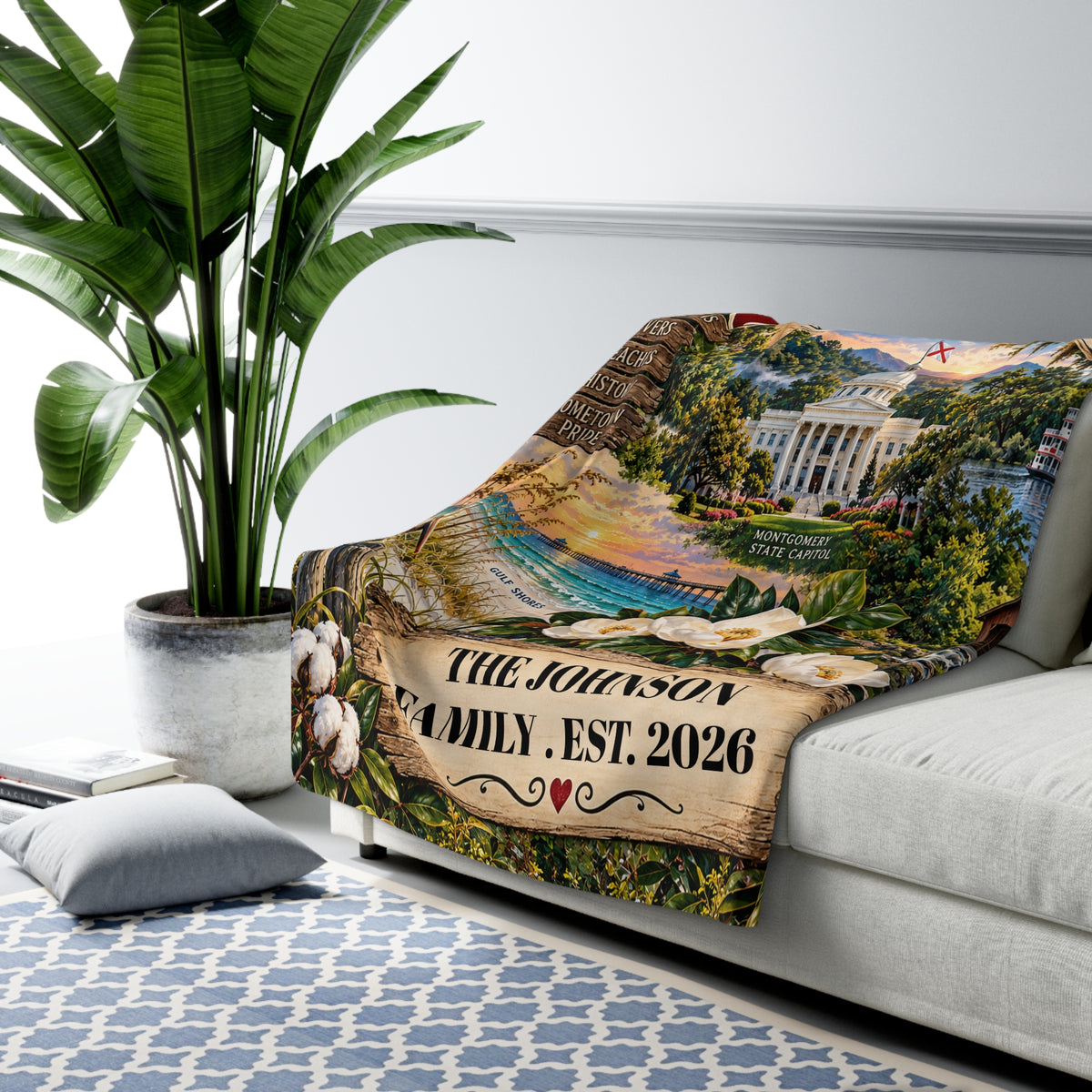Alabama Personalized Sherpa Fleece Blanket, Custom Family Name, Scenic State Landmarks, Southern Roots Strong Hearts