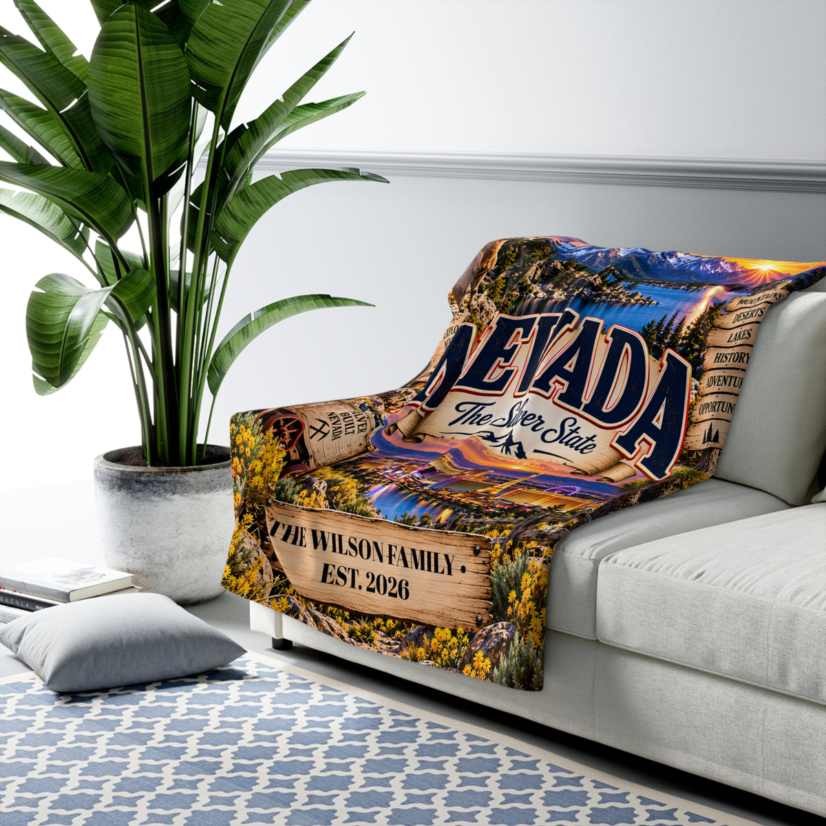 Nevada Personalized Sherpa Fleece Blanket, Silver State Desert Adventure Landmarks Custom Family Name Gift