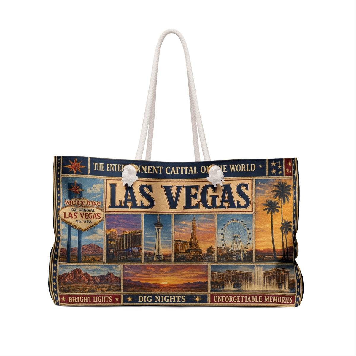 Las Vegas Nevada Weekender Bag Entertainment Capital of the World Faux Patchwork Travel Tote Vintage Strip Getaway Gift