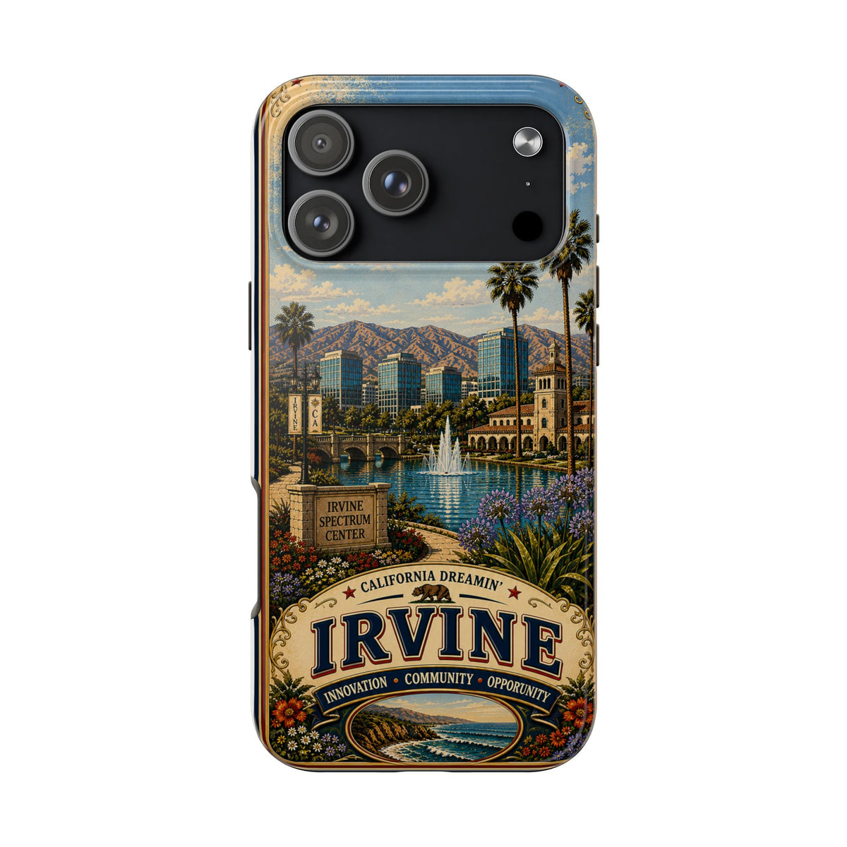 Irvine Faux Patchwork Phone Case – California Dreamin’ Vintage Travel Art, Spectrum Park & Cityscape Cover