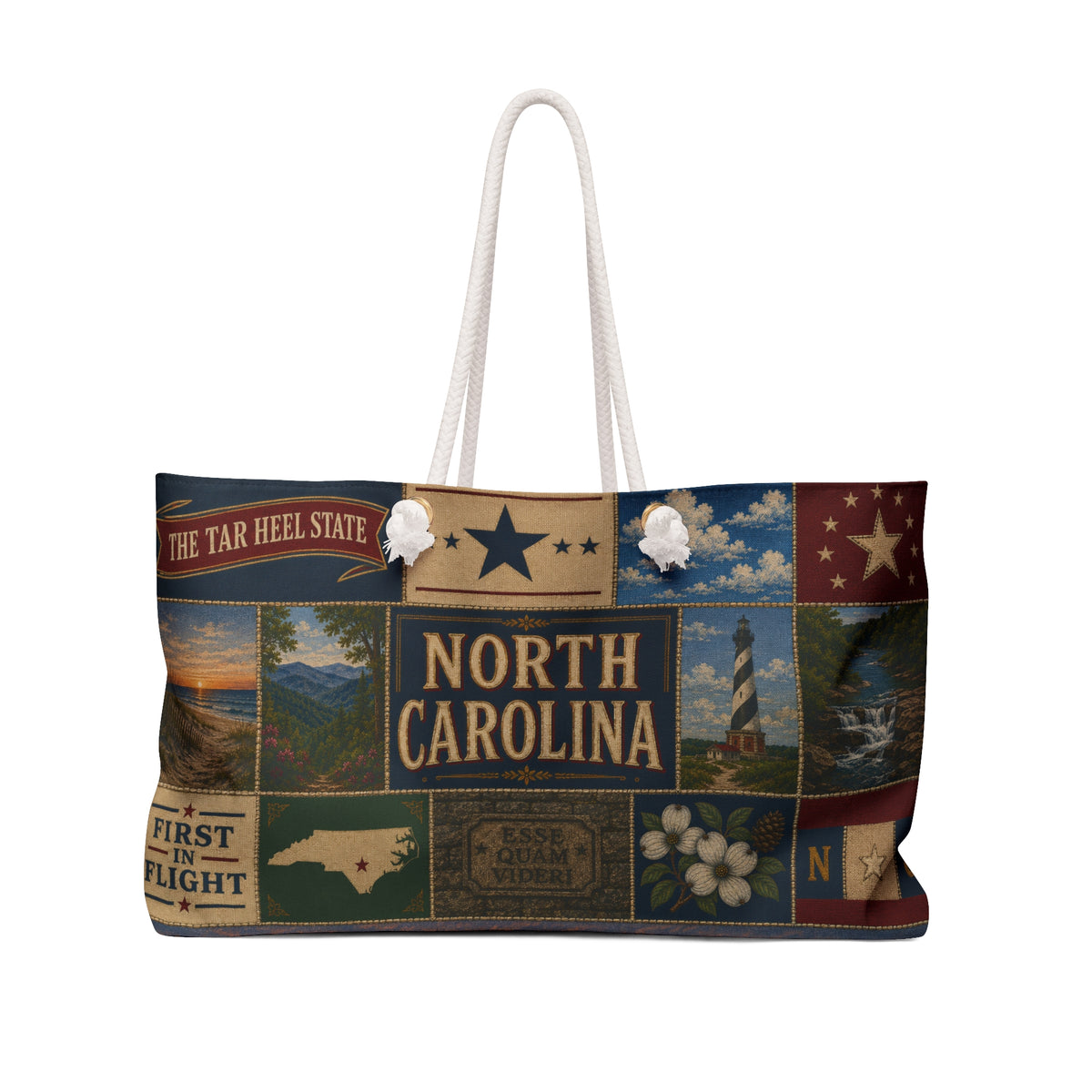 North Carolina Weekender Bag First in Flight Faux Patchwork Travel Tote Tar Heel State Vintage Souvenir Gift