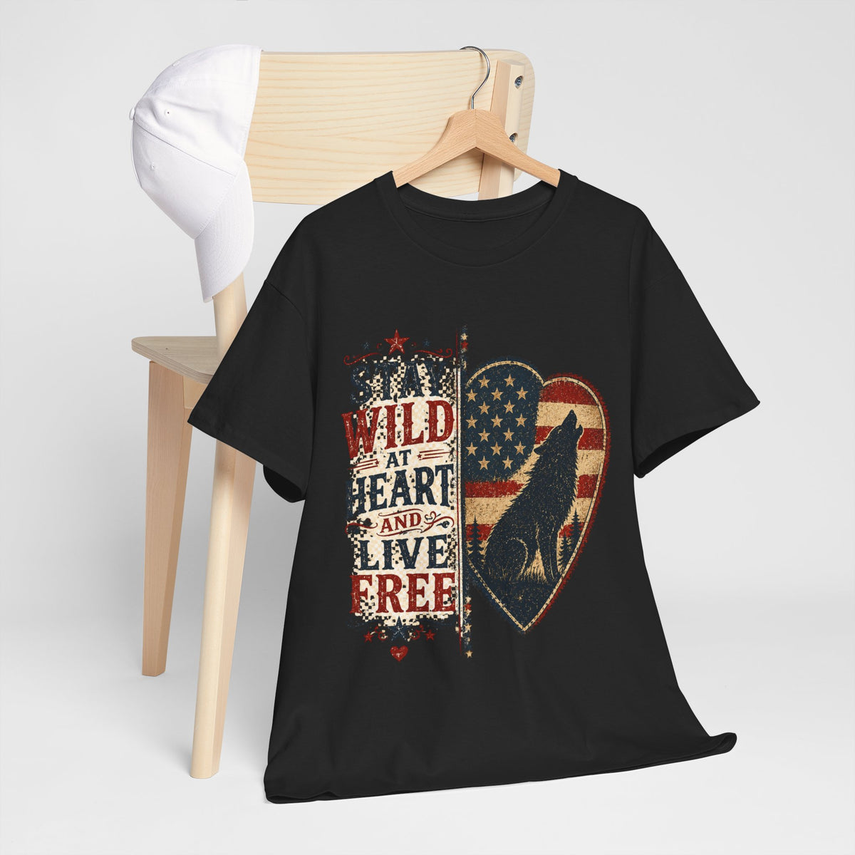 Stay Wild at Heart Live Free T-Shirt - Patriotic Wolf Heart Graphic