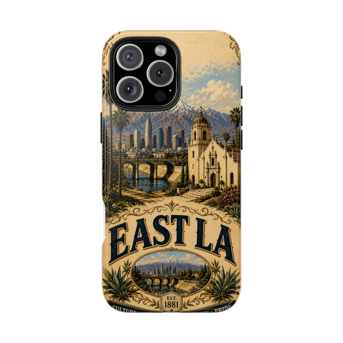 East LA Faux Patchwork Phone Case – Cultural Heritage Skyline & Mission Landmark Retro Cover for iPhone 17 Samsung S26
