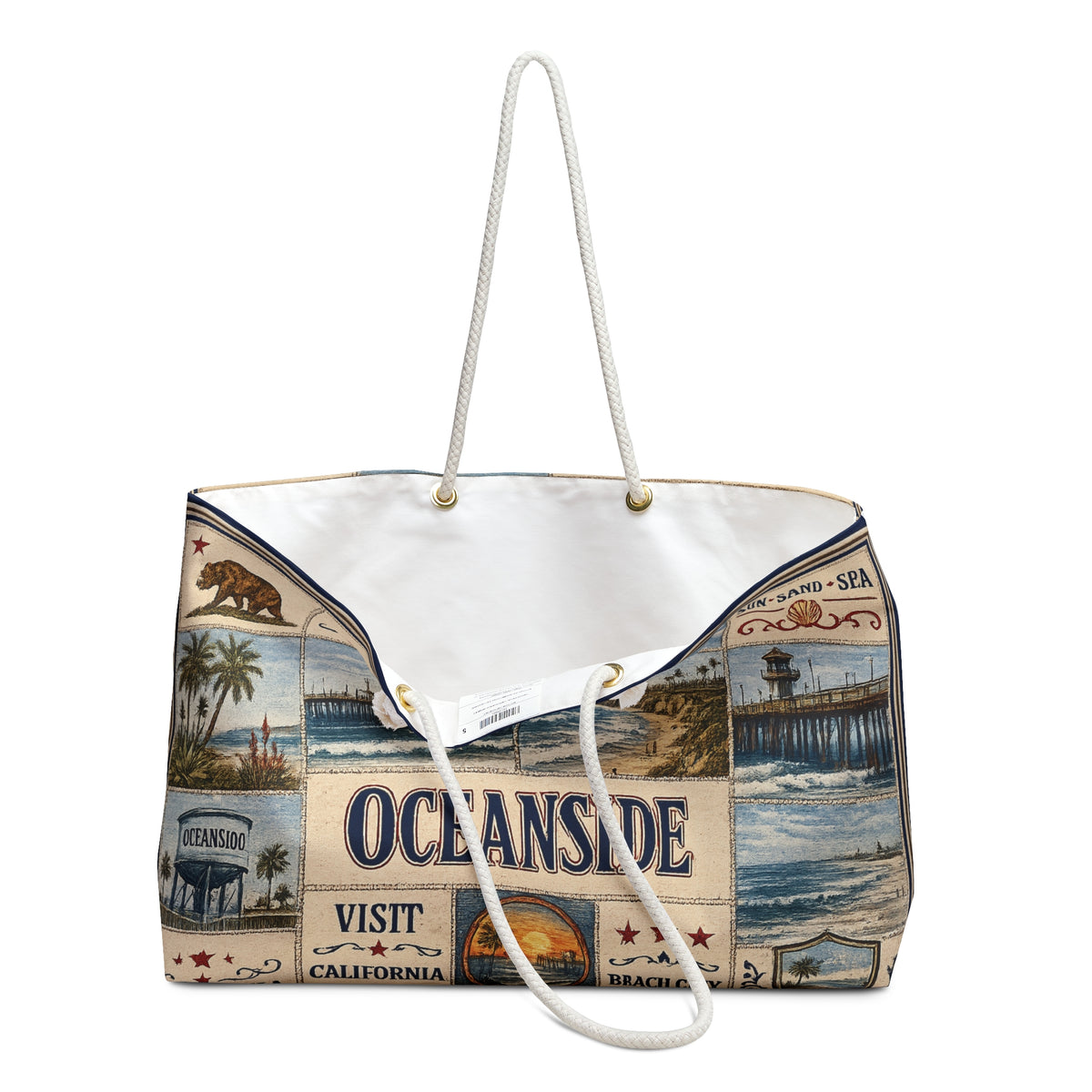 Oceanside California Weekender Bag Coastal Escape Faux Patchwork Travel Tote Beach Lover Weekend Getaway Gift