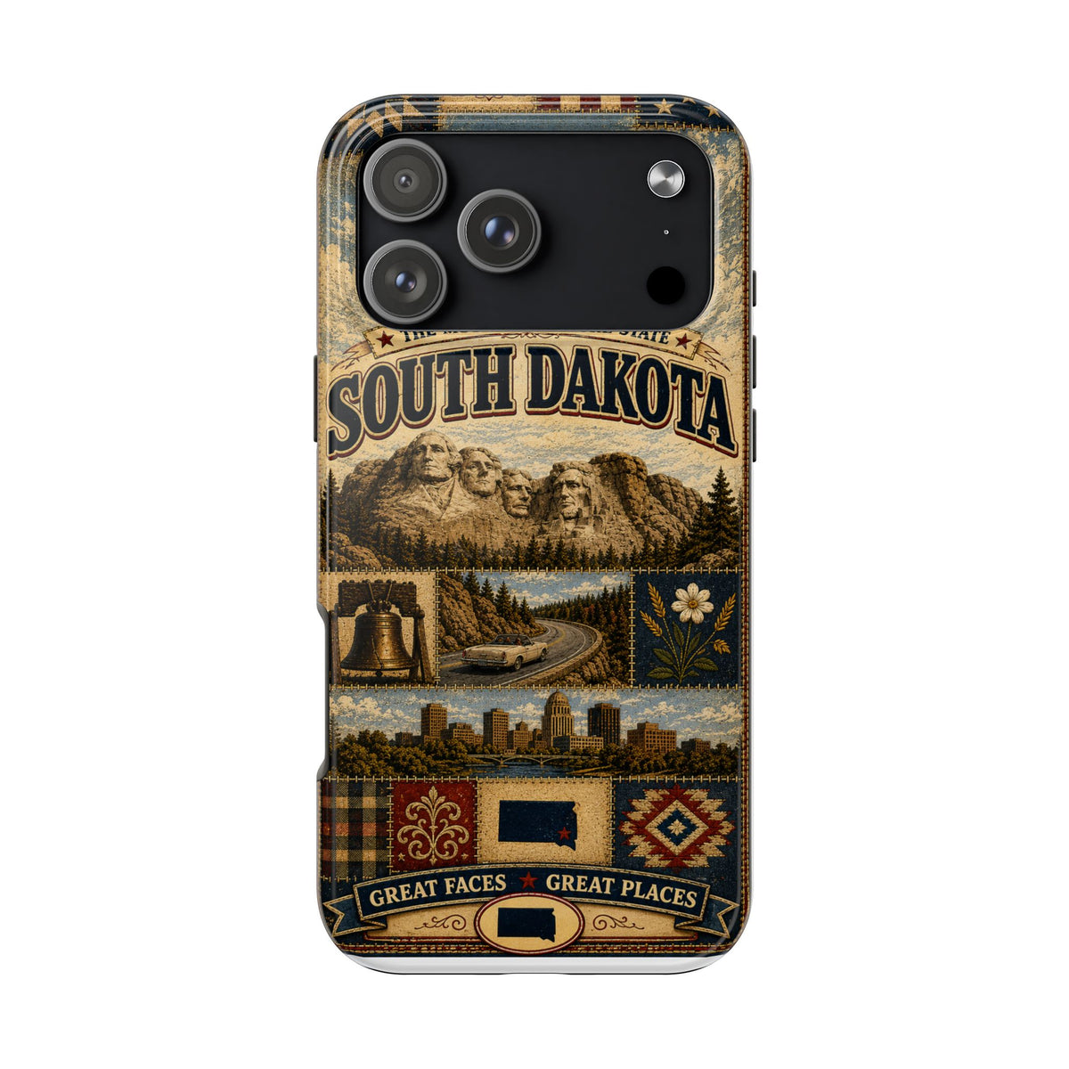 South Dakota Faux Patchwork Phone Case Mount Rushmore State Retro Bison Scenic Road State Pride Cover