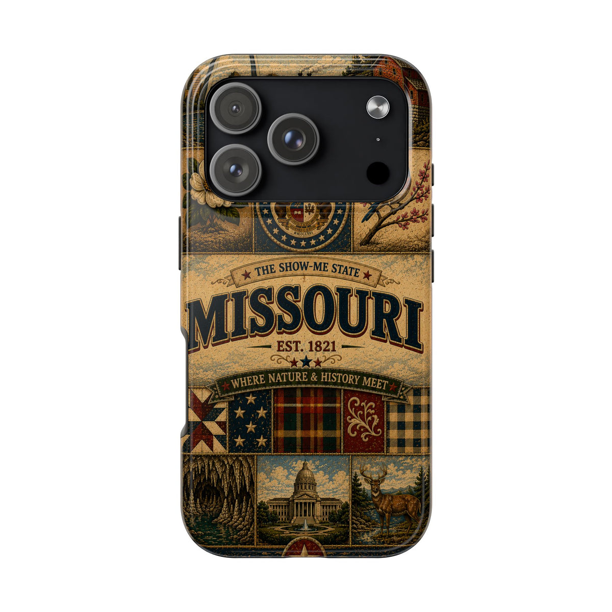 Missouri Show Me State Faux Patchwork Phone Case – Vintage Travel Poster Gateway Arch & Riverboat Cover for iPhone & Samsung