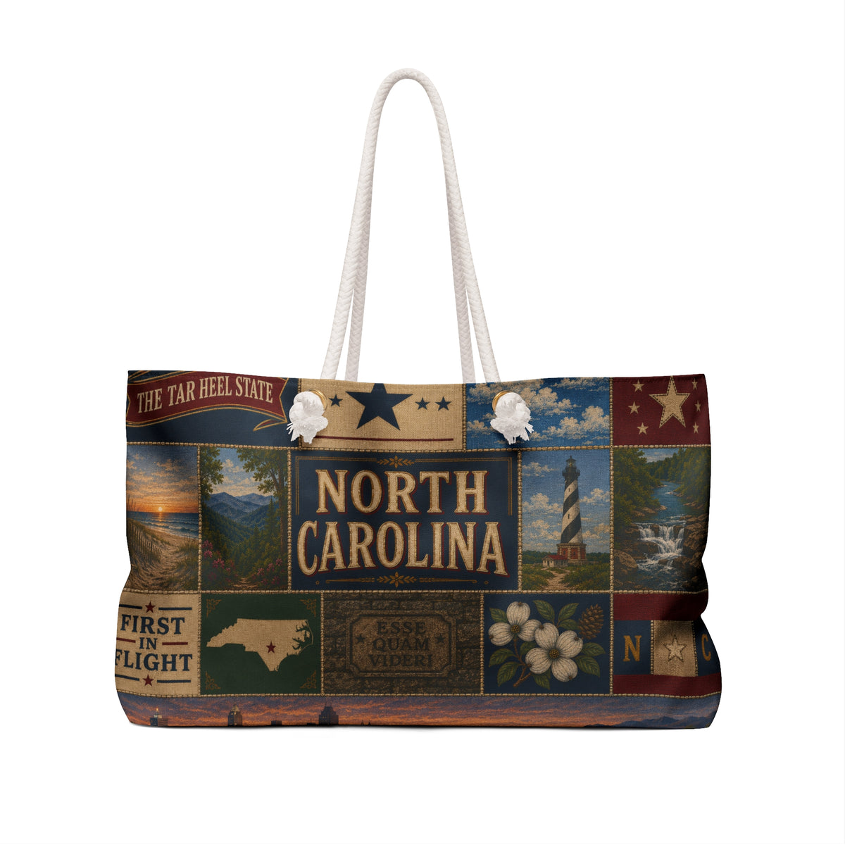 North Carolina Weekender Bag First in Flight Faux Patchwork Travel Tote Tar Heel State Vintage Souvenir Gift