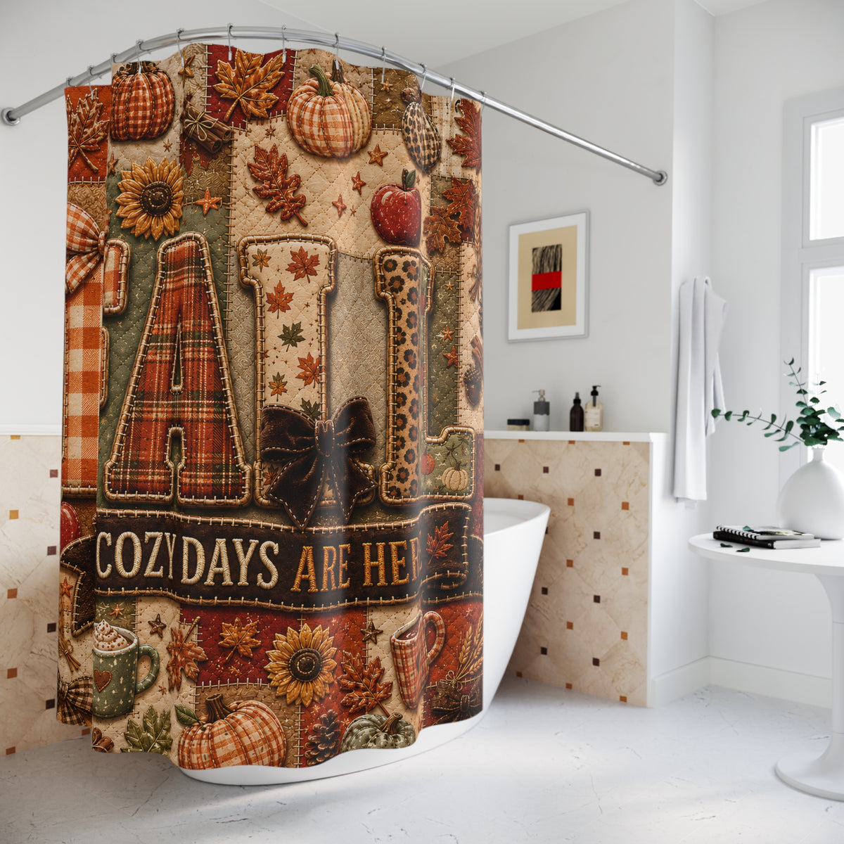 Fall Faux Patchwork Shower Curtain Cozy Days Are Here Pumpkins Autumn Leaves Rustic Farmhouse Bathroom Decor