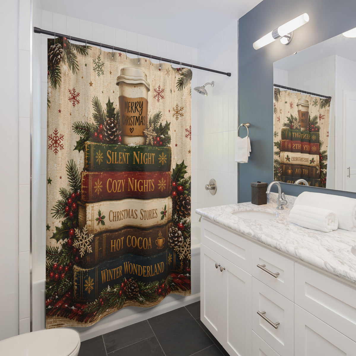 Christmas Book Stack Shower Curtain Silent Night Hot Cocoa Winter Wonderland Rustic Farmhouse Holiday Bathroom Decor