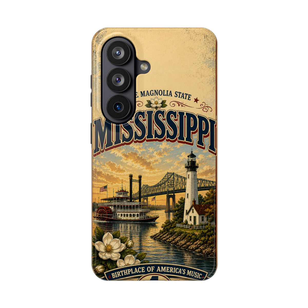 Mississippi Magnolia State Faux Patchwork Phone Case – Vintage Travel Poster Riverboat Lighthouse Design for iPhone & Samsung