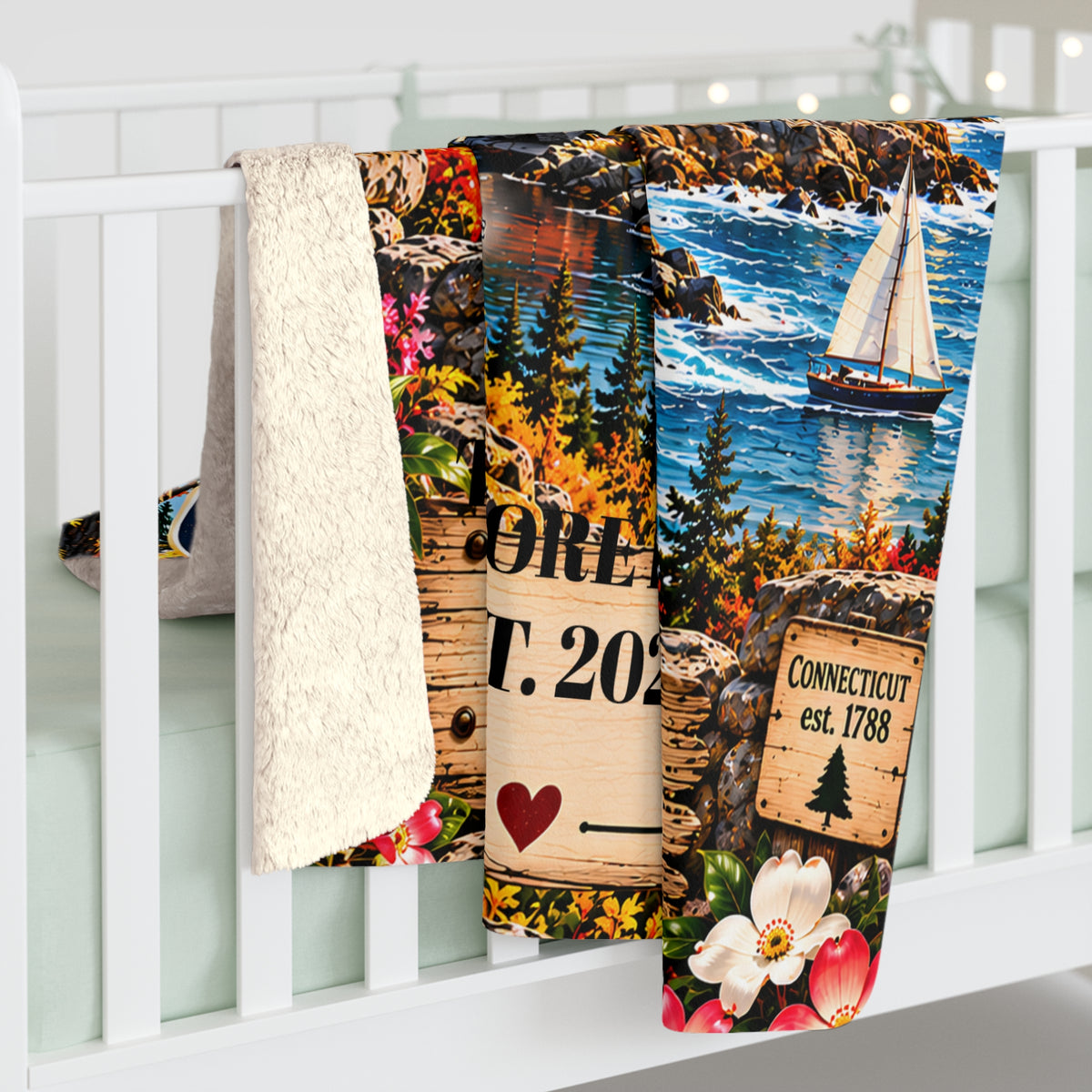 Connecticut Personalized Sherpa Fleece Blanket, Coastal Lighthouse Scenic Custom Family Name State Gift