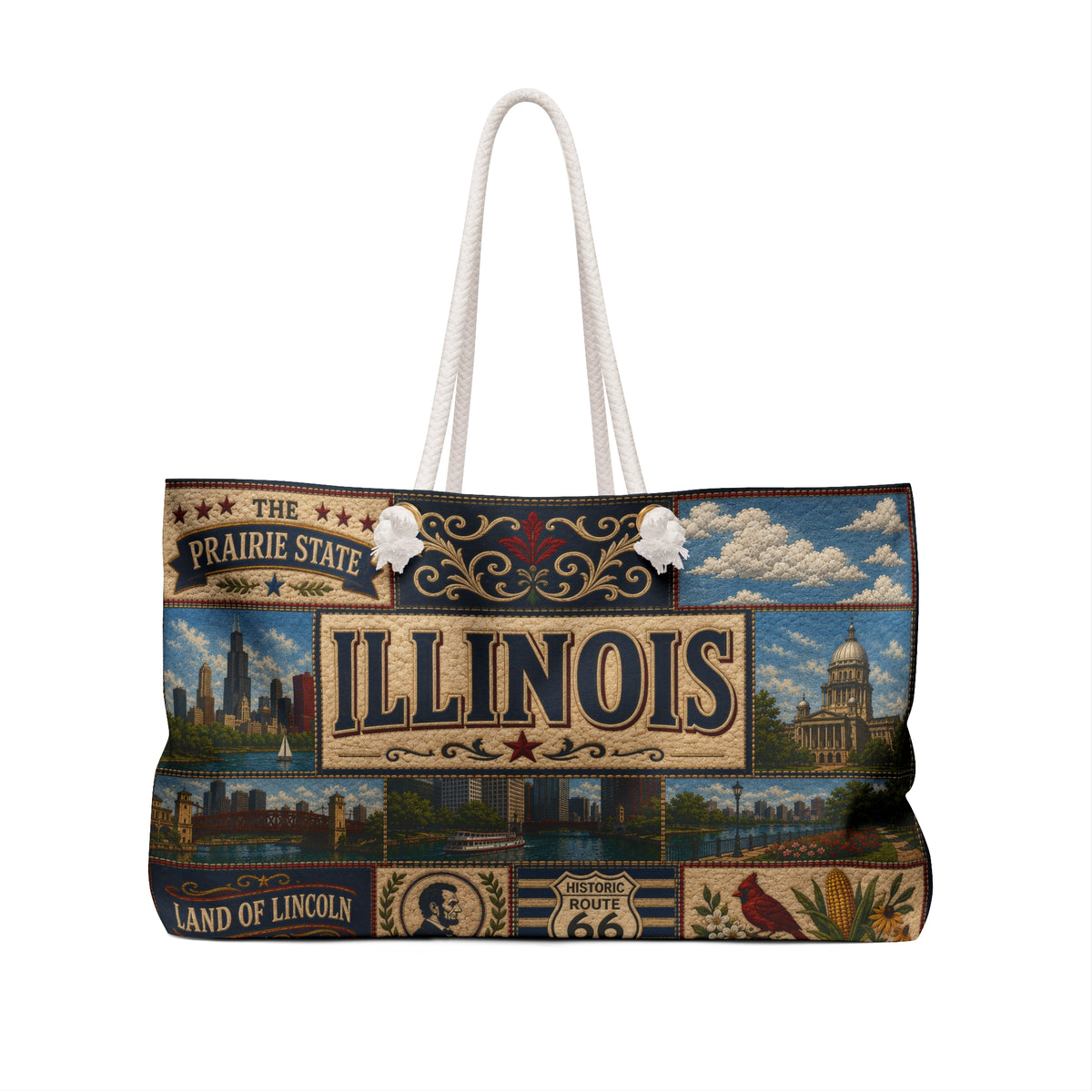 Illinois Weekender Bag Prairie State Faux Patchwork Travel Tote Land of Lincoln Historic Route 66 State Souvenir Gift