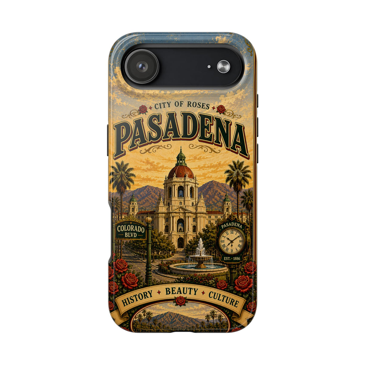 Pasadena City of Roses Faux Patchwork Phone Case – Vintage California Landmark Travel Art Cover