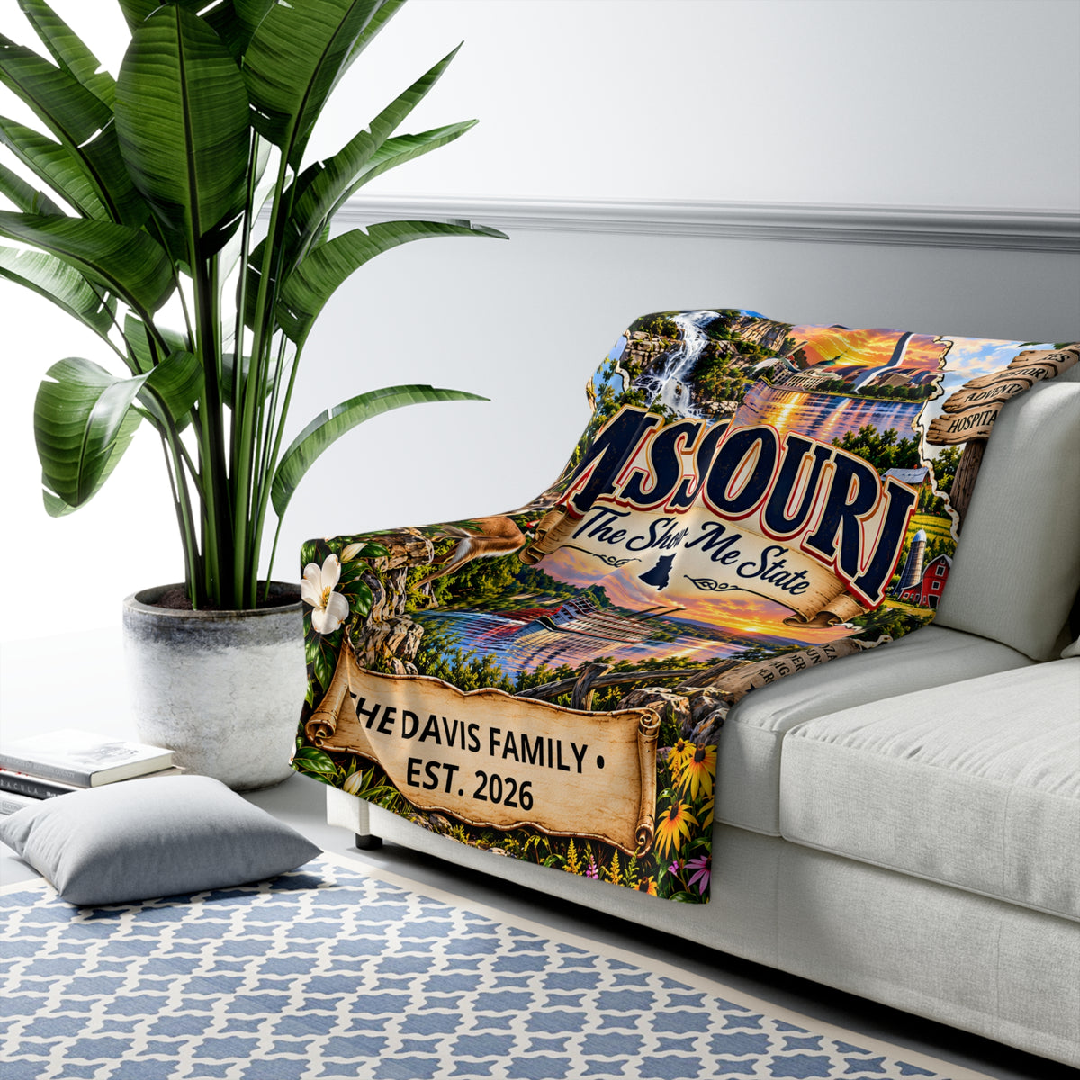 Missouri Personalized Sherpa Fleece Blanket, Show Me State Ozark Adventure Landmarks Custom Family Name