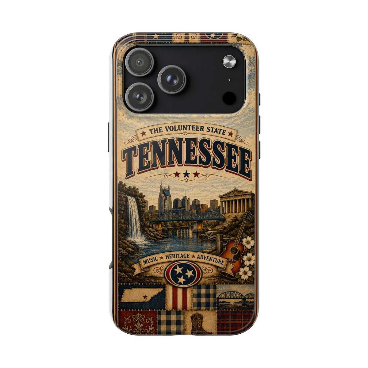 Tennessee Faux Patchwork Phone Case Volunteer State Retro Nashville Skyline Guitar State Pride Cover