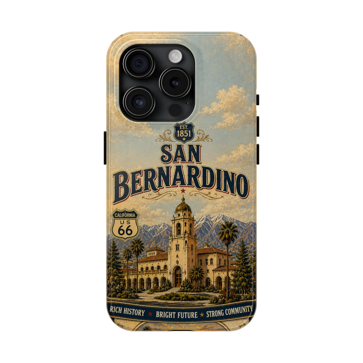 San Bernardino Route 66 Faux Patchwork Phone Case Vintage California Travel Poster Mountain Landmark Cover