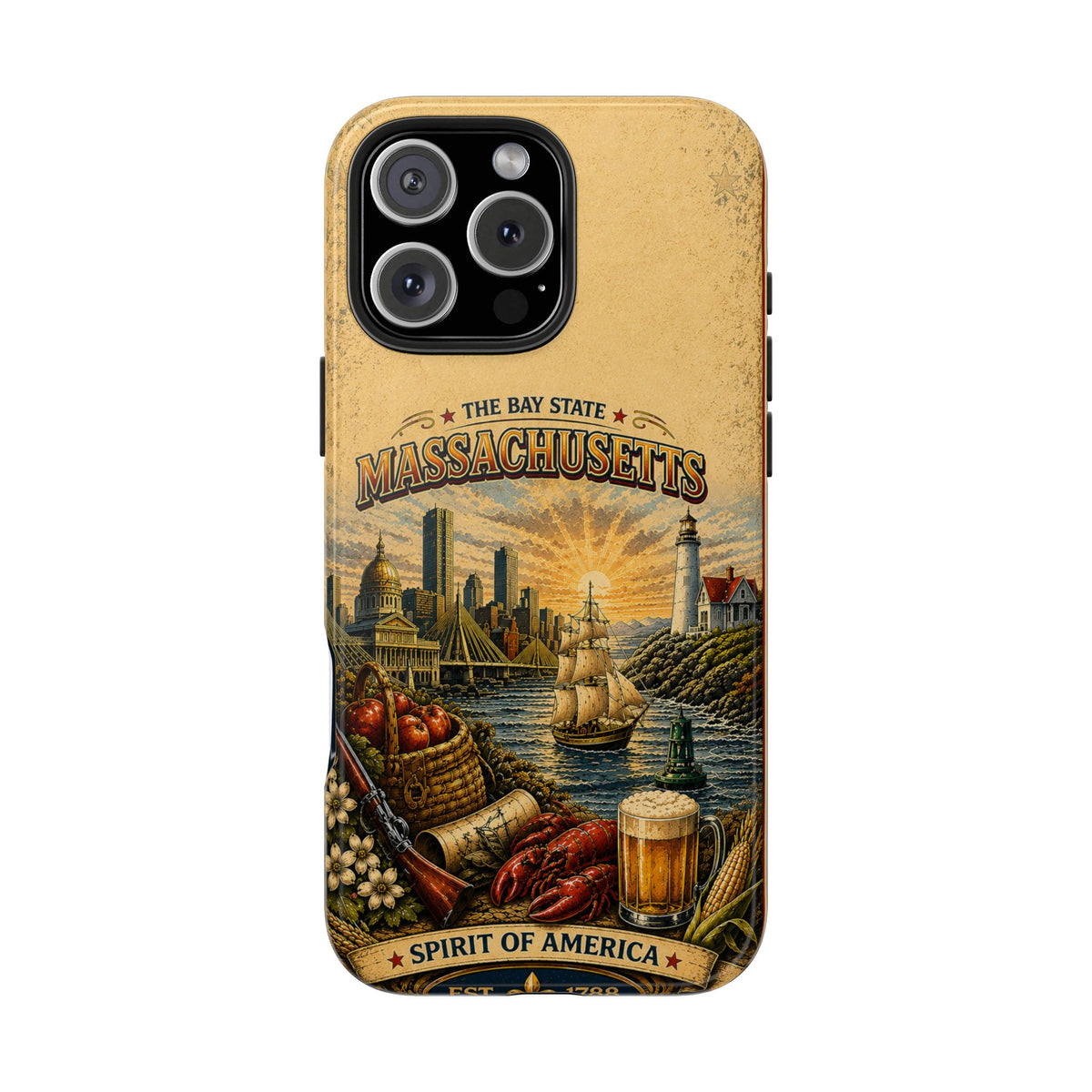Massachusetts Bay State Faux Patchwork Phone Case – Vintage Travel Poster Style New England Souvenir Cover for iPhone & Samsung