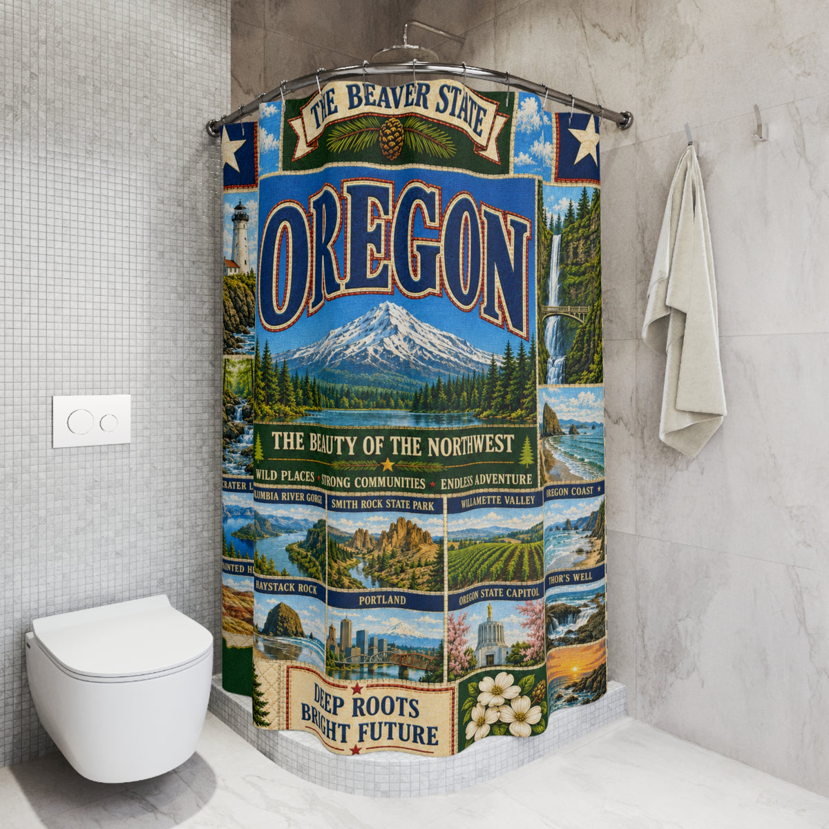 Oregon Shower Curtain Beaver State Faux Patchwork Pacific Northwest Mountains Coast Scenic Landmarks Rustic Bathroom Decor