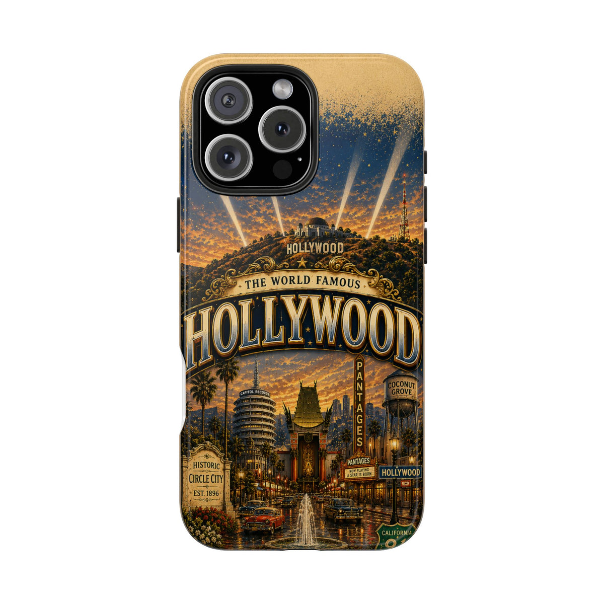 Hollywood Faux Patchwork Phone Case – Vintage Night Lights Retro Cinema Street Scene Old Hollywood Glam Cover