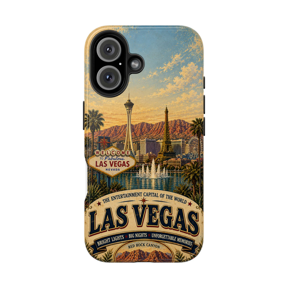 Las Vegas Faux Patchwork Phone Case – Entertainment Capital Retro Travel Art, Strip Skyline & Desert Sunset Cover
