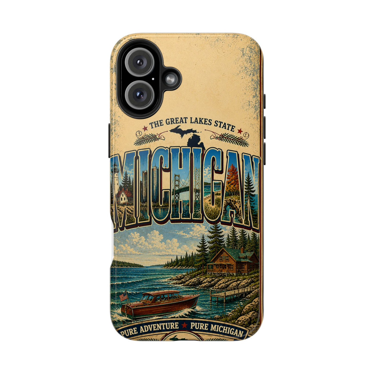 Michigan Great Lakes Faux Patchwork Phone Case – Vintage Travel Poster Style Michigan State Pride Cover for iPhone & Samsung