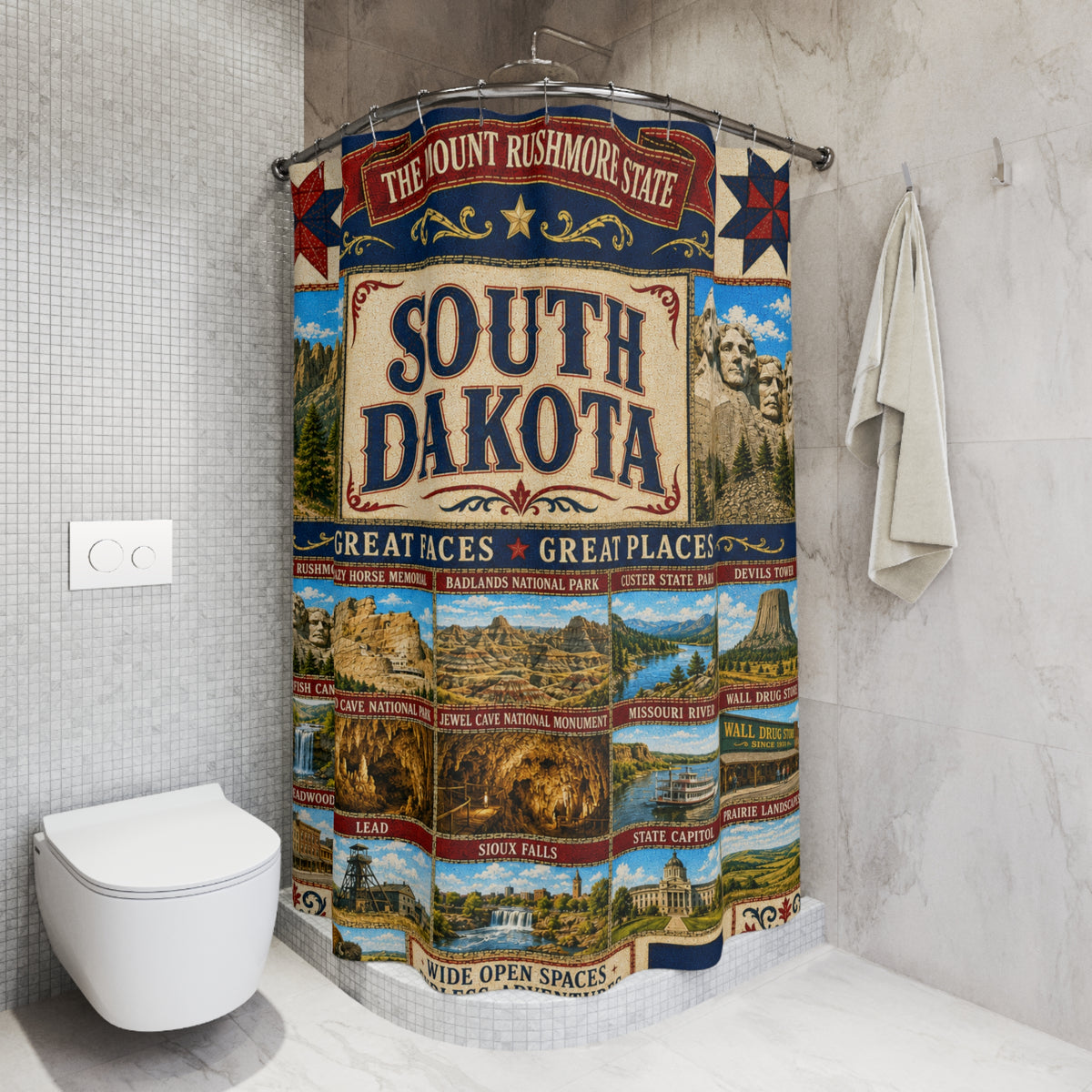 South Dakota Shower Curtain Great Faces Great Places Faux Patchwork Mount Rushmore Scenic Landmarks Rustic Bathroom Decor