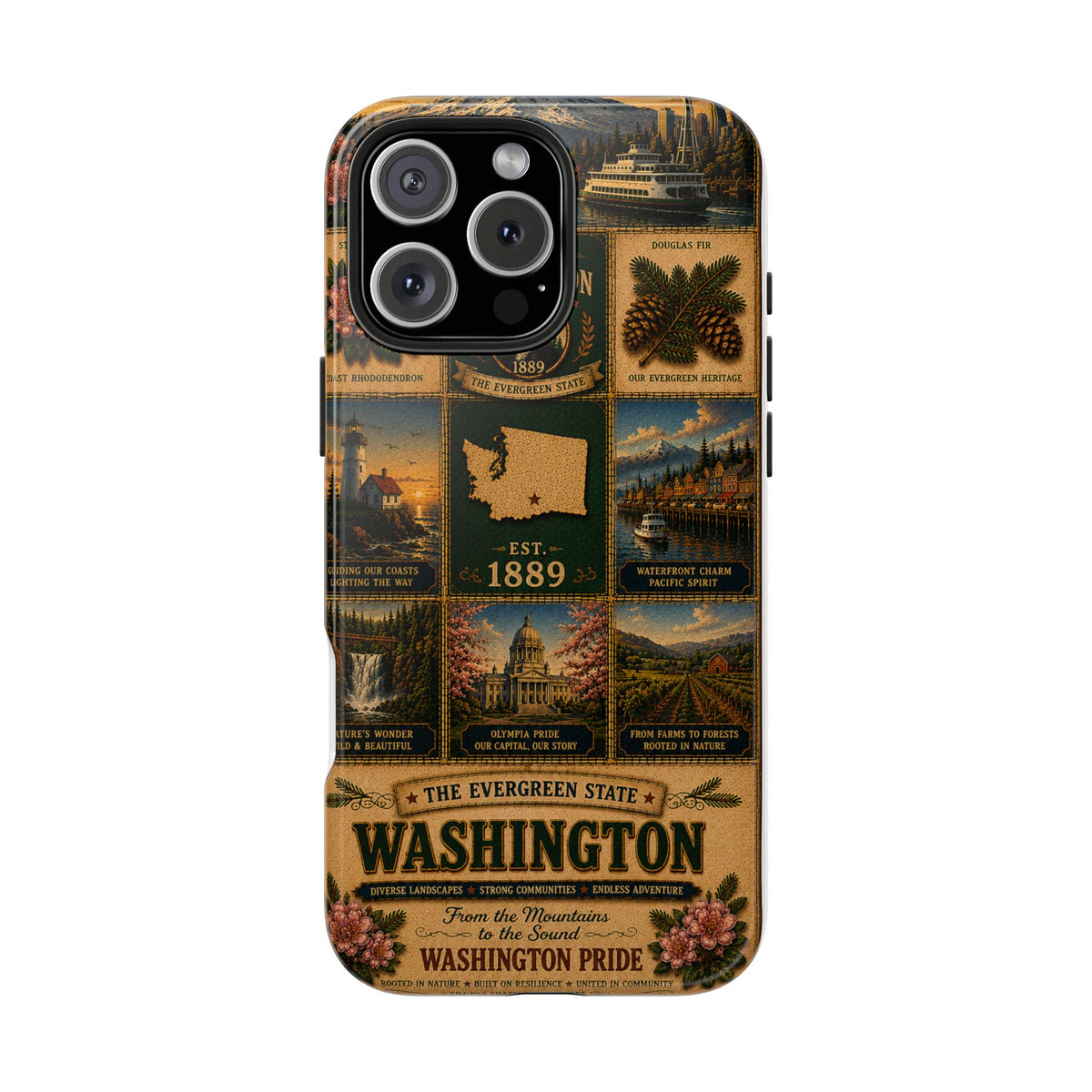 Washington Faux Patchwork Phone Case The Evergreen State Vintage Travel Poster Retro State Pride Cover Est 1889