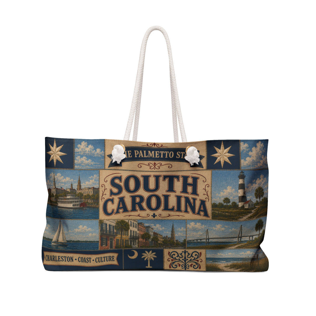 South Carolina Weekender Bag Palmetto State Faux Patchwork Travel Tote Charleston Coastal Lighthouse Beach Souvenir Gift