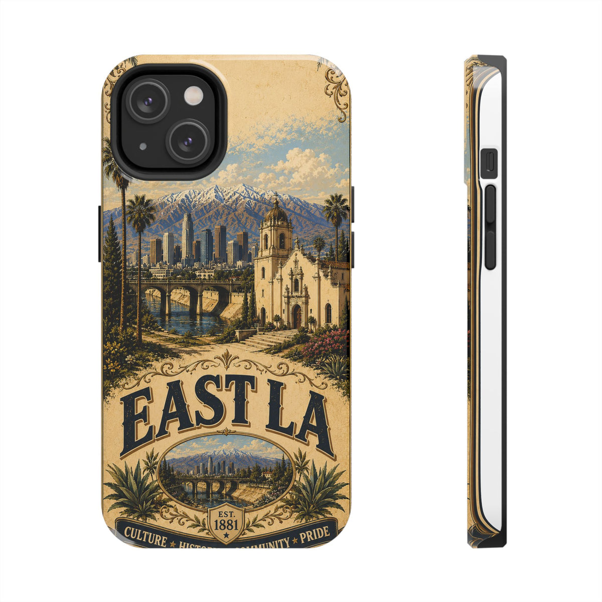 East LA Faux Patchwork Phone Case – Cultural Heritage Skyline & Mission Landmark Retro Cover for iPhone 17 Samsung S26