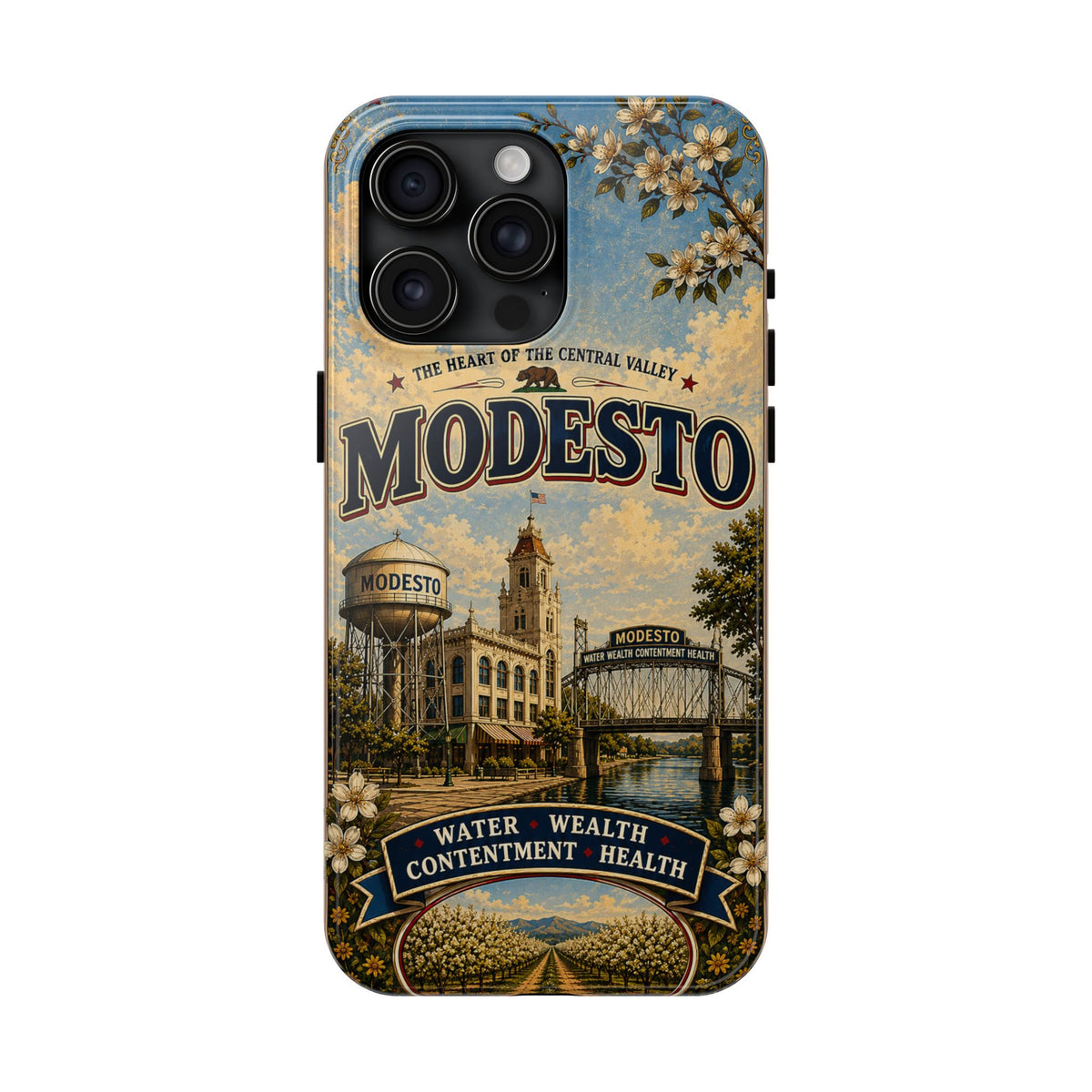 Modesto Faux Patchwork Phone Case – Central Valley Heritage Retro Travel Art, Orchard & Waterfront Cover