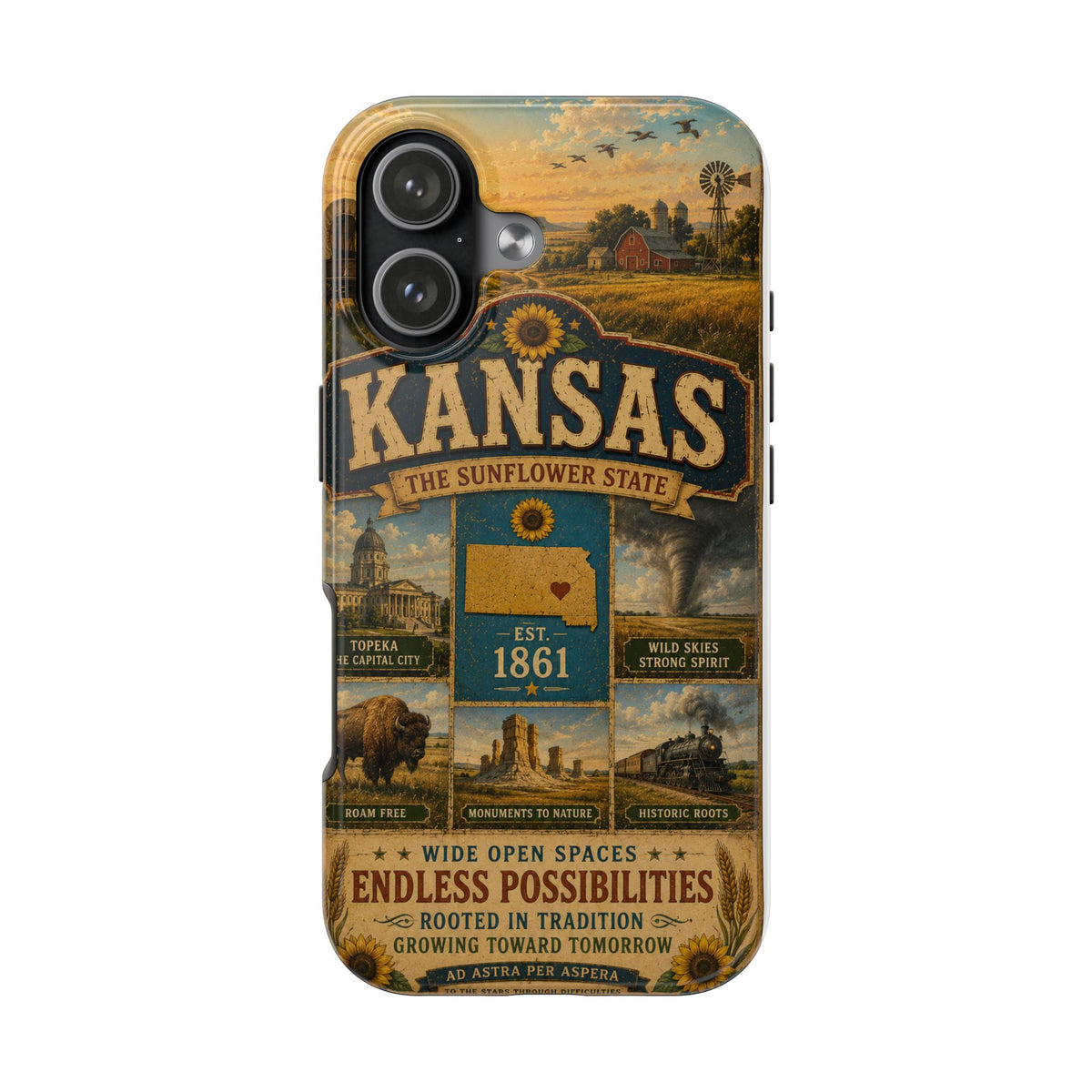 Kansas Faux Patchwork Phone Case – The Sunflower State Vintage Travel Poster Retro State Pride Cover Est 1861 for iPhone & Samsung