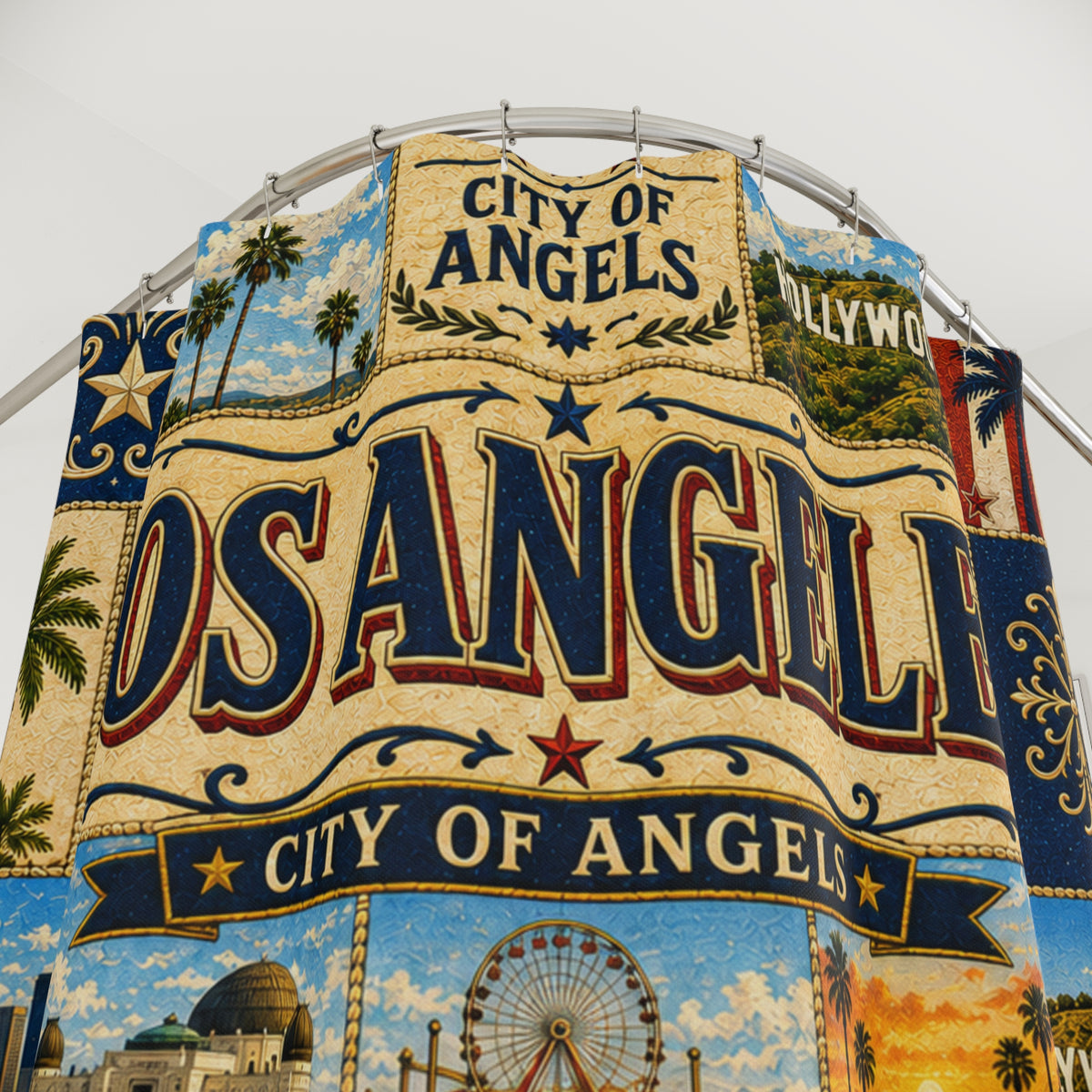 Los Angeles Shower Curtain, City of Angels Decor, Hollywood Coastal Faux Patchwork, California Bathroom Decor
