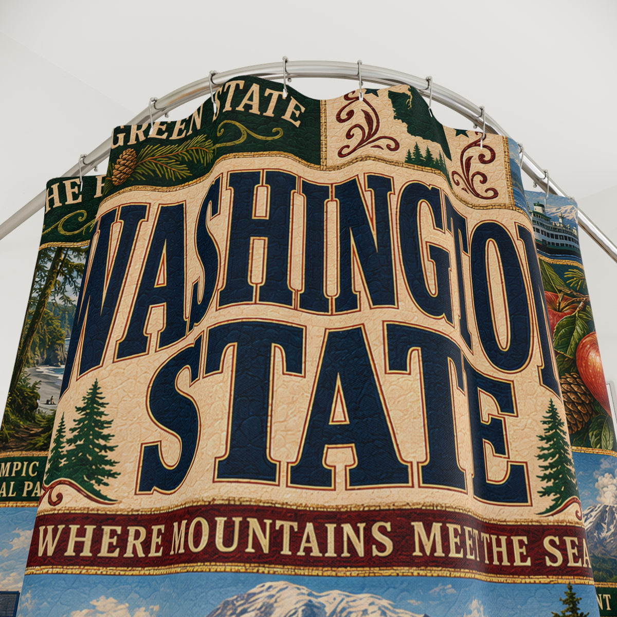 Washington State Shower Curtain Evergreen State Faux Patchwork Pacific Northwest Scenic Landmarks Rustic Bathroom Decor