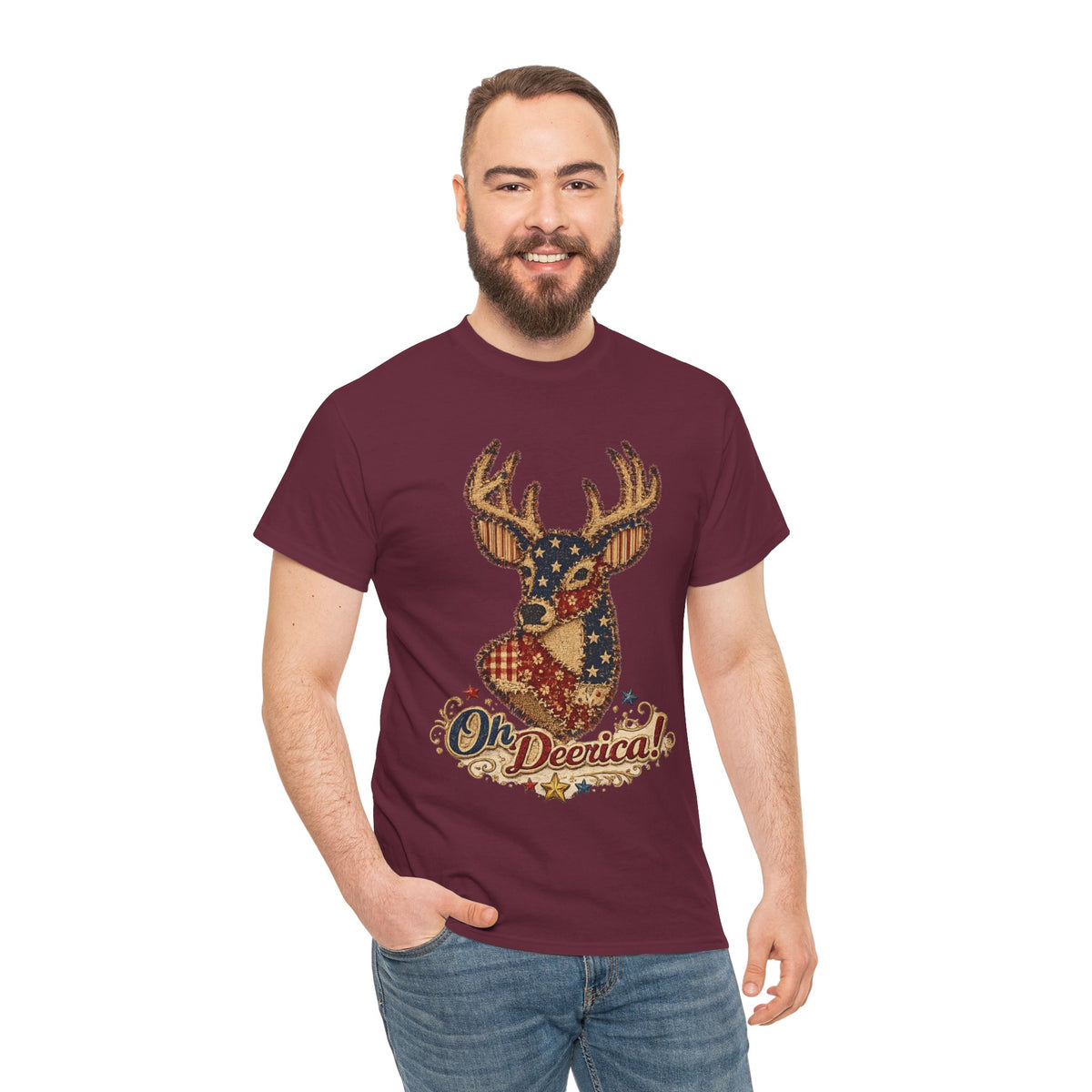 Deerica Patriotic Deer T-Shirt — "Oh Deerica!" American Flag Buck Tee