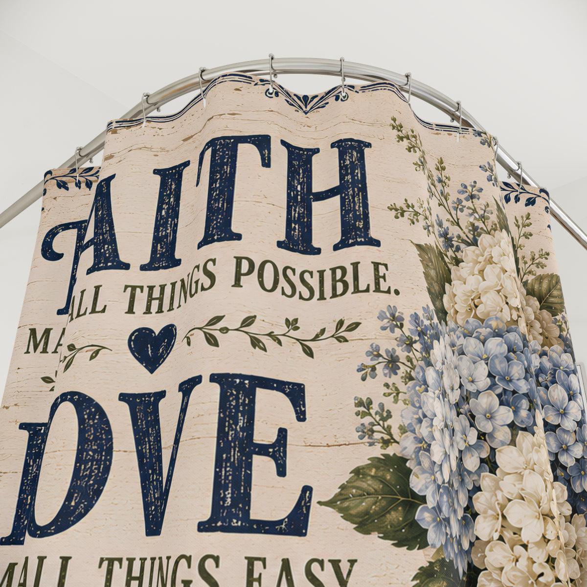 Faith Love Hope Christian Shower Curtain 1 Corinthians 13 13 Blue Hydrangea Farmhouse Bathroom Decor