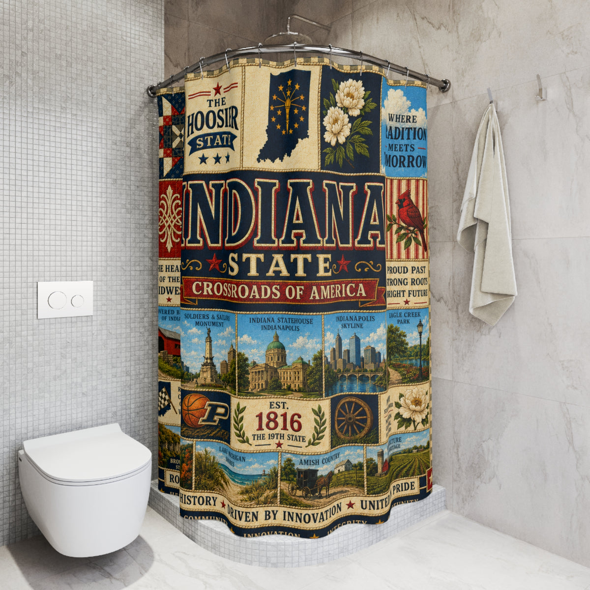 Indiana Shower Curtain, Hoosier State Decor, Crossroads of America Faux Patchwork, Indiana Landmark Bathroom Decor