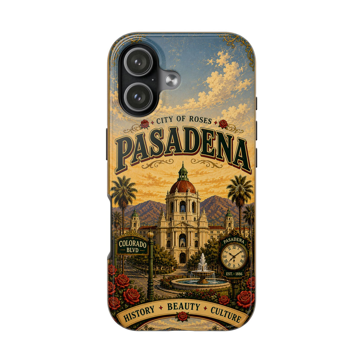 Pasadena City of Roses Faux Patchwork Phone Case – Vintage California Landmark Travel Art Cover
