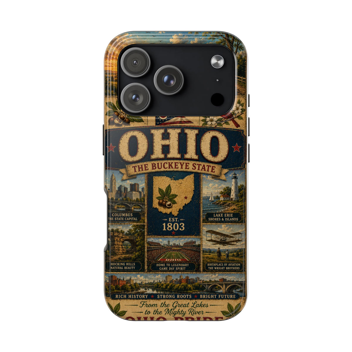 Ohio Faux Patchwork Phone Case Buckeye State Vintage Travel Poster Retro State Pride Cover Est 1803 for iPhone & Samsung