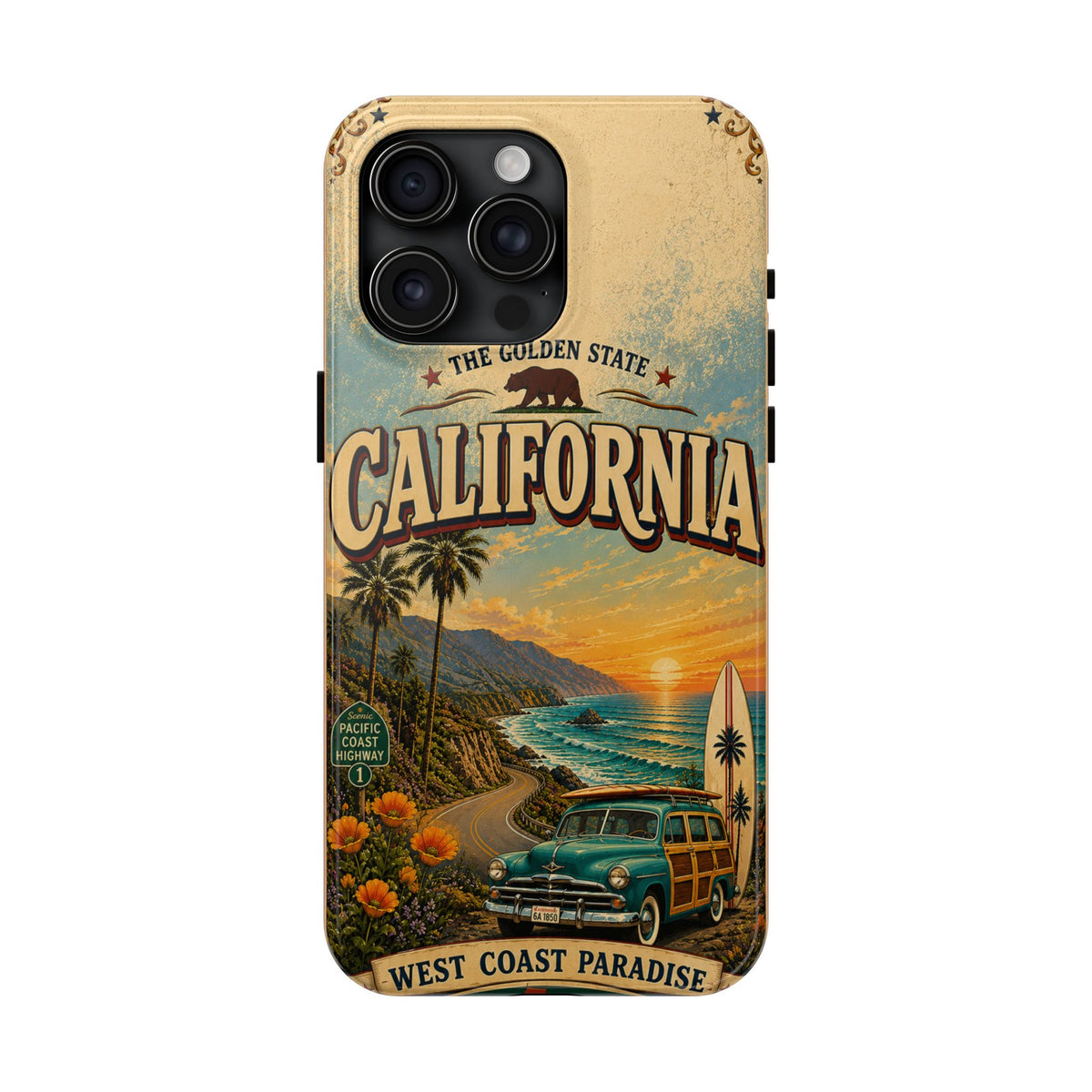 California Golden State Faux Patchwork Phone Case Vintage Travel Poster Retro State Pride Cover