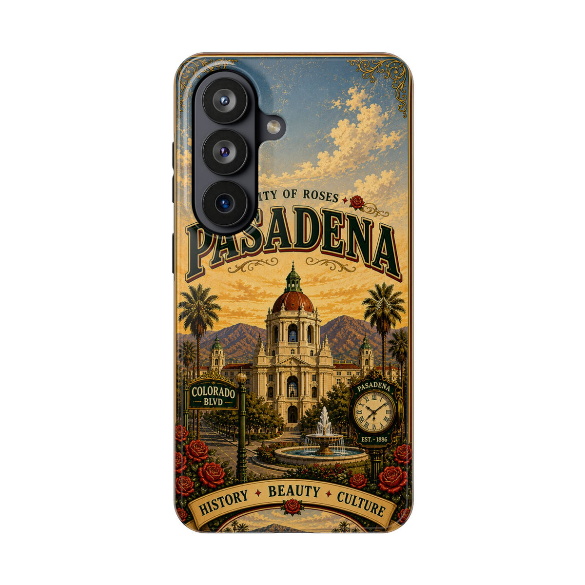 Pasadena City of Roses Faux Patchwork Phone Case – Vintage California Landmark Travel Art Cover