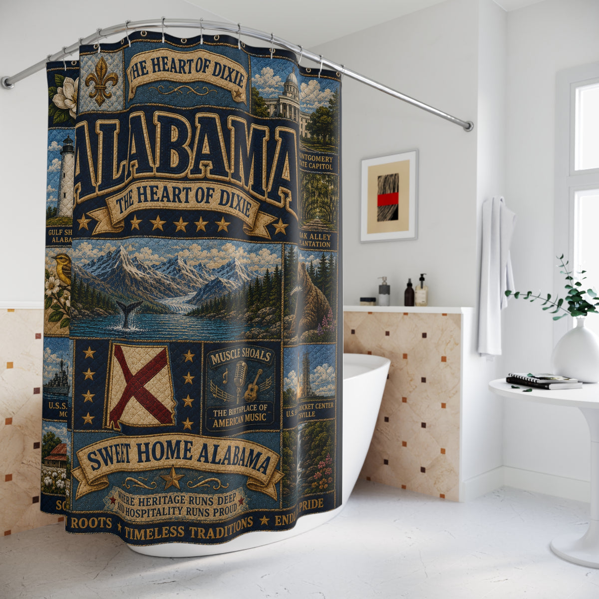 Alabama State Shower Curtain Heart of Dixie Faux Patchwork Southern Landmarks Sweet Home Alabama Bathroom Decor