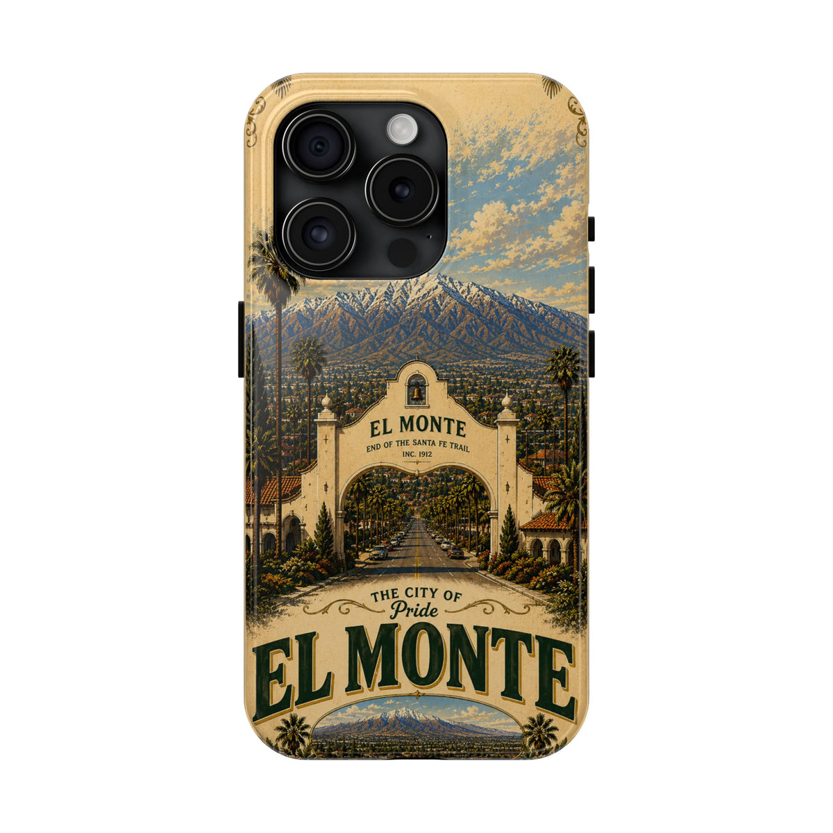 El Monte Faux Patchwork Phone Case – Santa Fe Trail Historic Archway Retro Travel Cover for iPhone 17 Samsung S26
