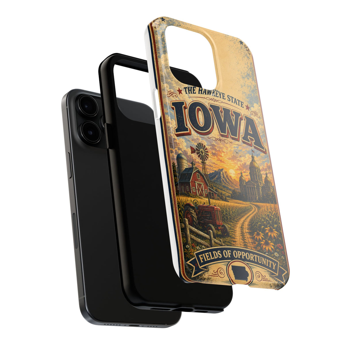 Iowa Hawkeye State Faux Patchwork Phone Case – Vintage Travel Poster Style Iowa Souvenir Cover for iPhone & Samsung