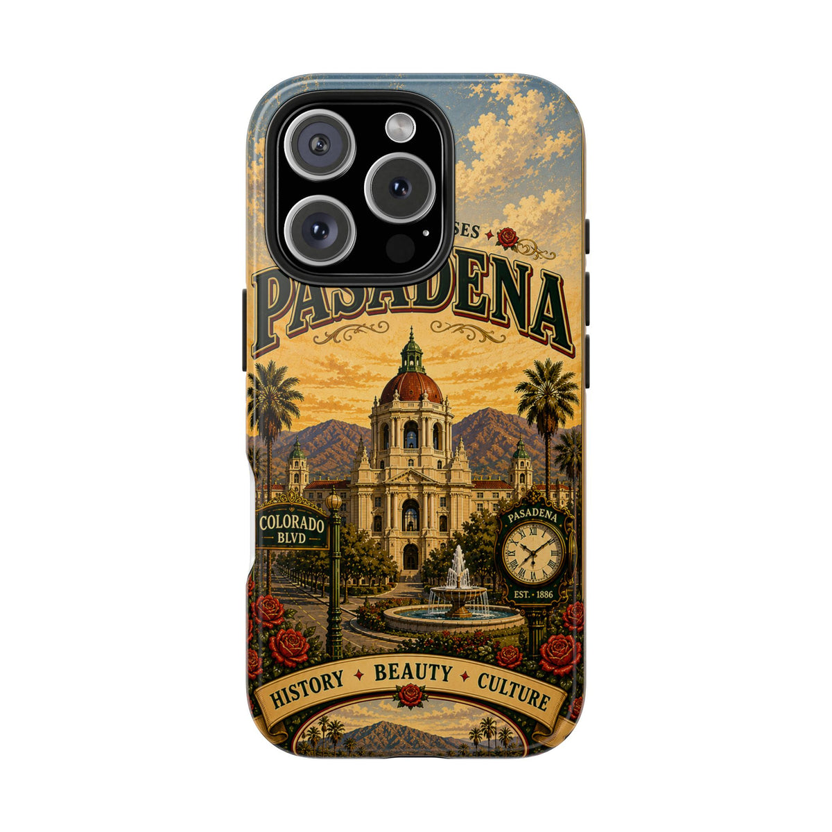 Pasadena City of Roses Faux Patchwork Phone Case – Vintage California Landmark Travel Art Cover