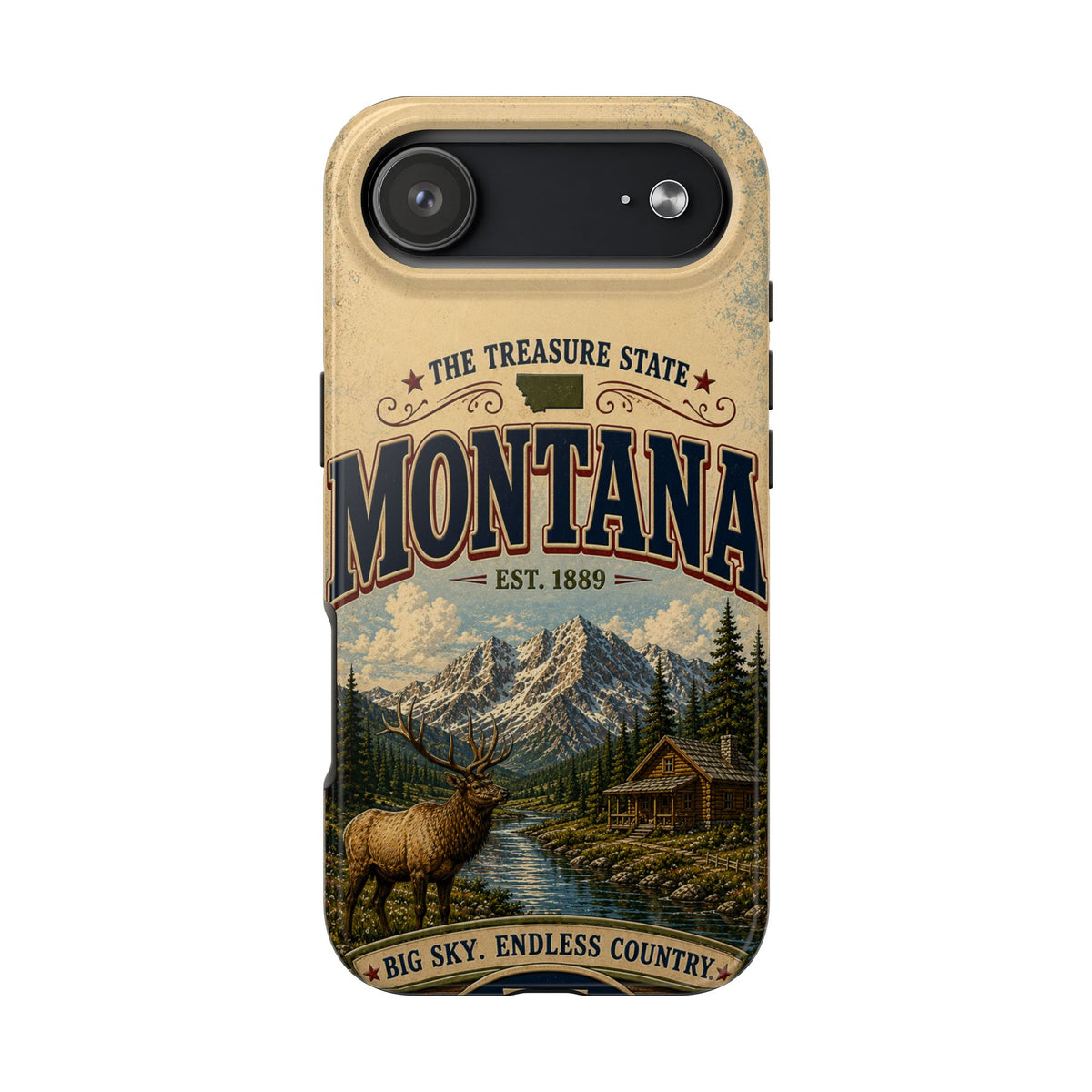 Montana Big Sky Country Faux Patchwork Phone Case – Vintage Travel Poster Scenic Mountain Design for iPhone & Samsung