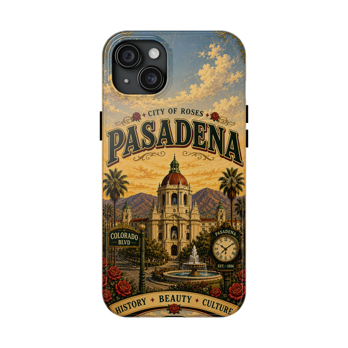 Pasadena City of Roses Faux Patchwork Phone Case – Vintage California Landmark Travel Art Cover